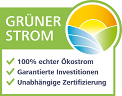 Logo des Zertifikats "Grüner Strom" mit Sonne, Landschaft und Kriterien wie "100% echter Ökostrom".