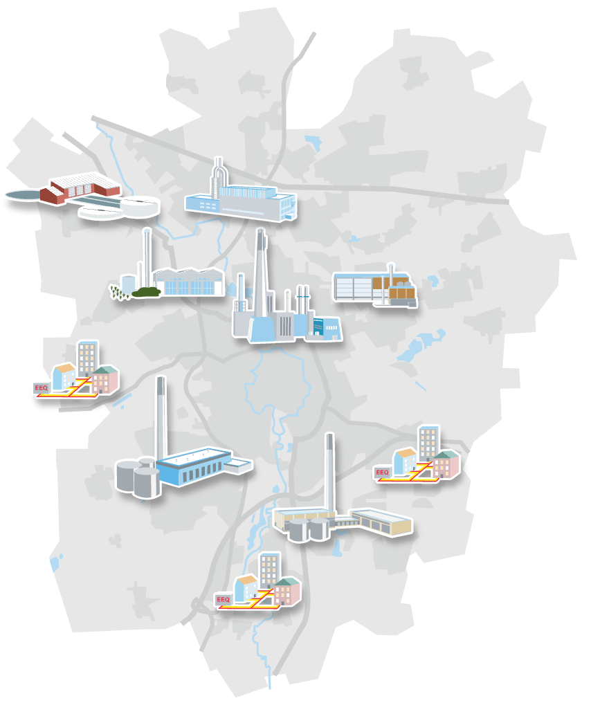 Hellgraue Stadtkarte mit verteilten Illustrationen von Heizkraftwerken und lokalen EEQ-Wärmenetzen.
