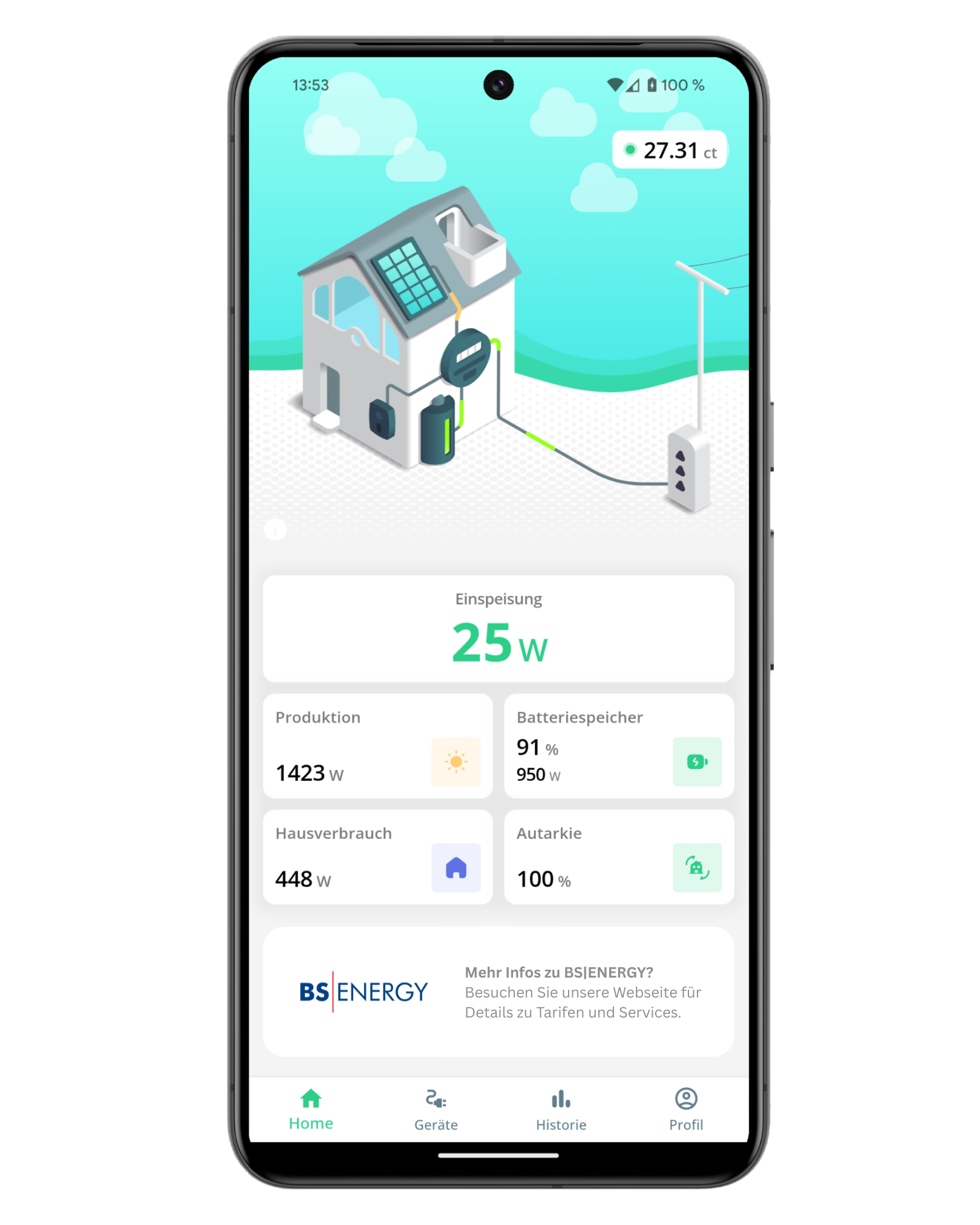 Smartphone-Display zeigt eine App für ein Home Energy Management System mit einer Grafik eines Hauses, das mit Solarpanel, Batterie und Ladestation verbunden ist, sowie Anzeigen für Energieproduktion, Batterieladestand, Hausverbrauch und Autarkie in Watt und Prozent.