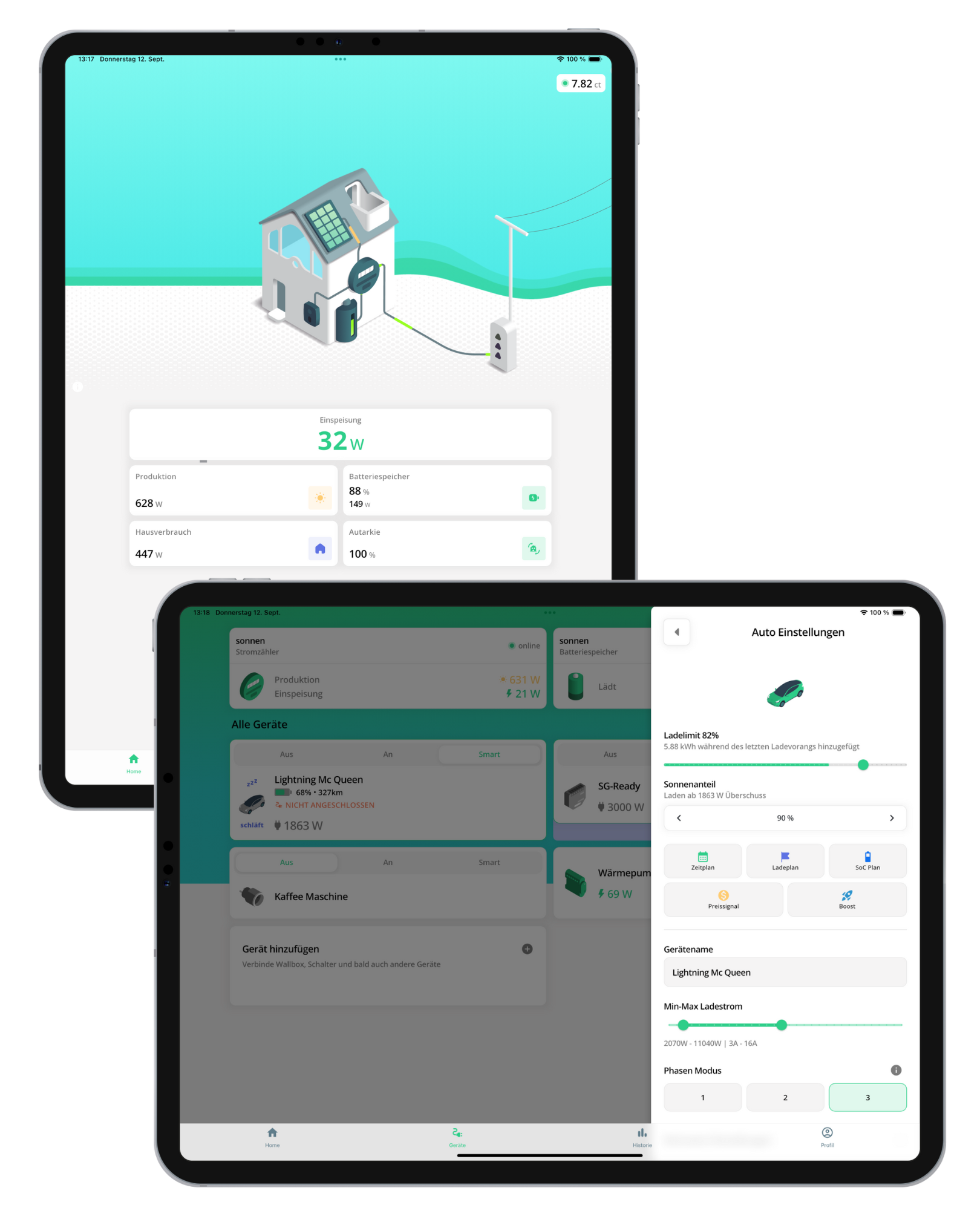 Zwei Tablets zeigen Benutzeroberflächen eines Home Energy Management Systems mit Energieverbrauchsanzeige, Geräteeinstellungen und Steuerungsoptionen.